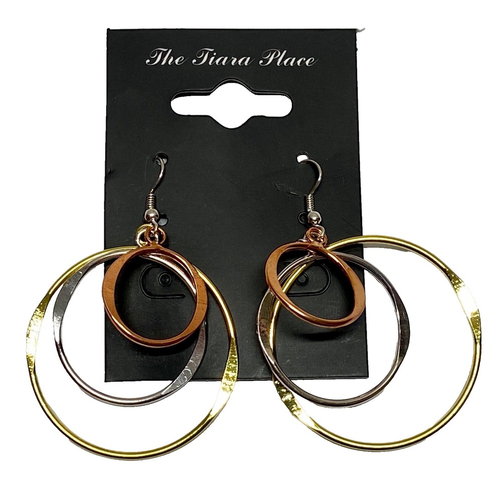 Tiara Place Dangle Earrings Triple Circle Tri-tone 3.5" Pierced Ears Fashion NWT